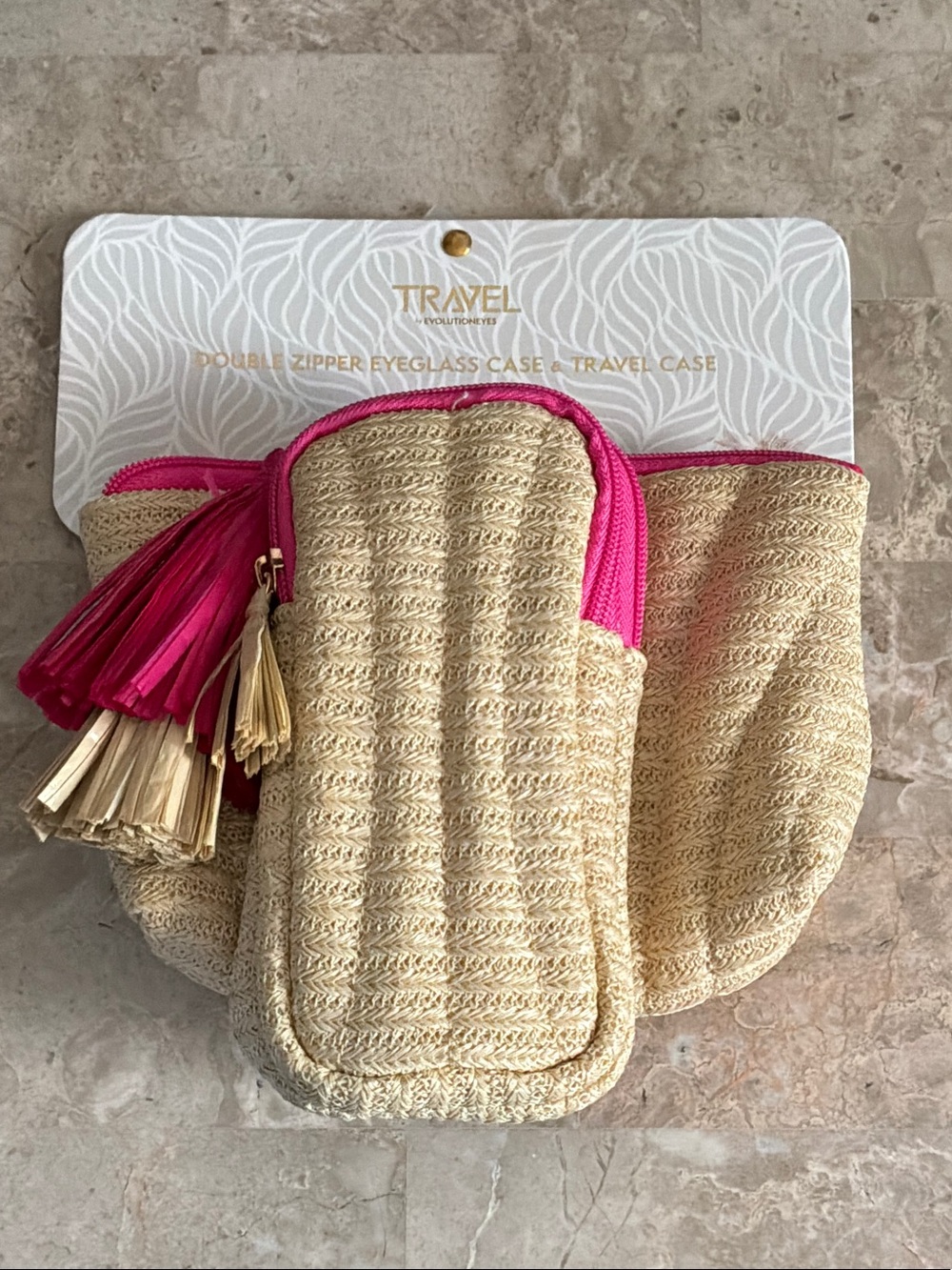 Travel Straw Cosmetic & Glasses  Pouch Set with Pink Trim and Tassels